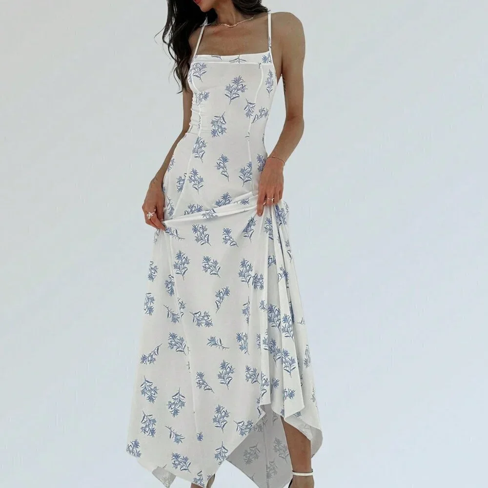 Multicolor Boho Women's Asymmetrical Hem Printed Spaghetti-Strap Dress - Picture 5 of 6